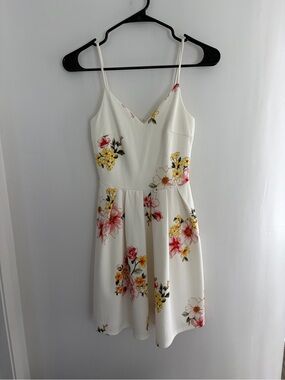 Soprano Cream Floral Spaghetti-Strap Mini Dress with Pink & Yellow Blooms